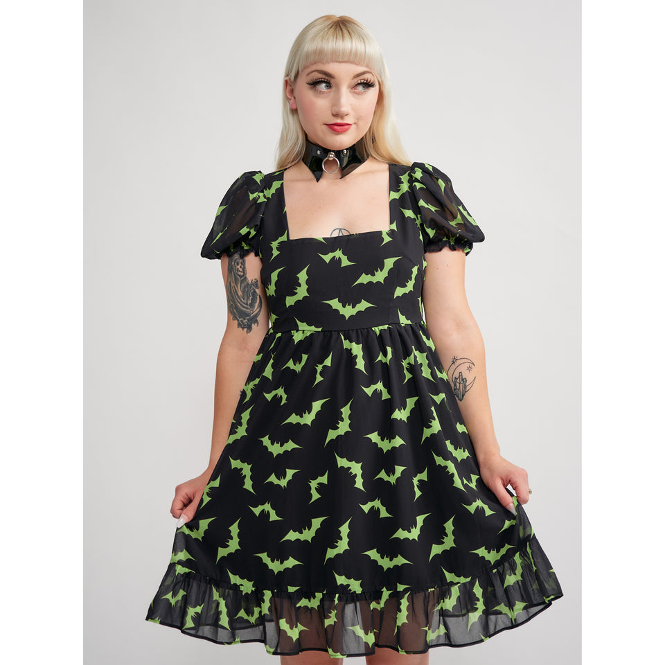 SOURPUSS LUNA BATS CREAM PUFF DRESS BLACK/GREEN