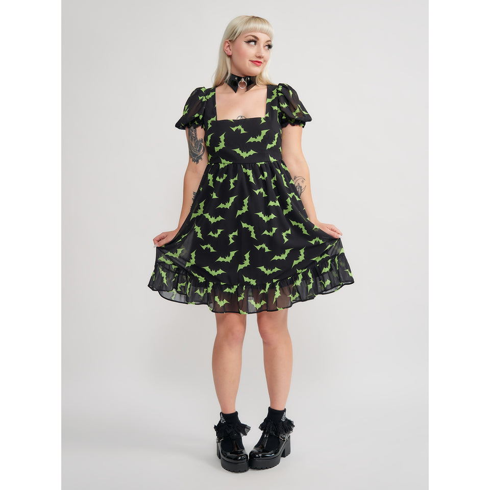 SOURPUSS LUNA BATS CREAM PUFF DRESS BLACK/GREEN