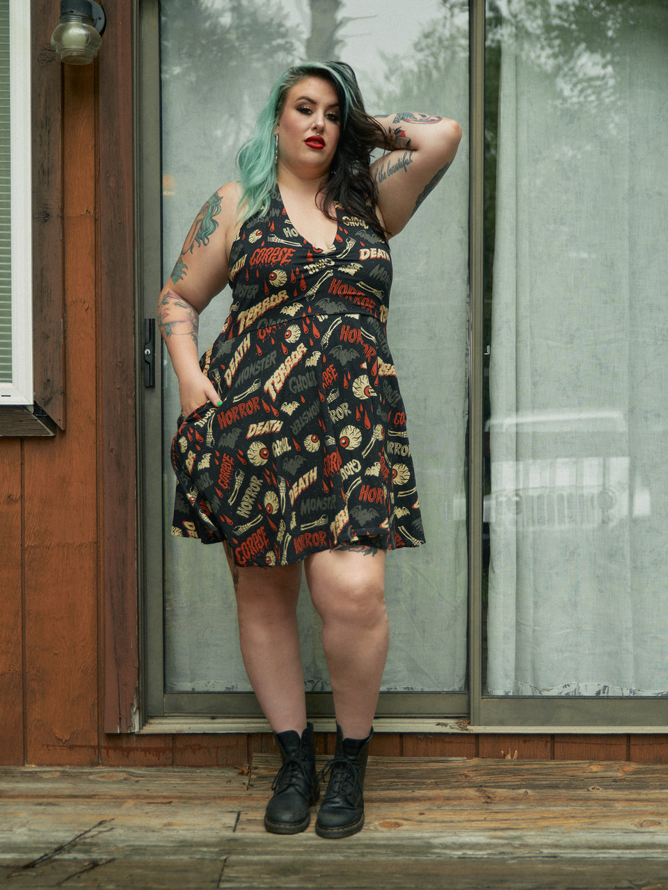 SOURPUSS OH THE HORROR HALTER SKATER DRESS