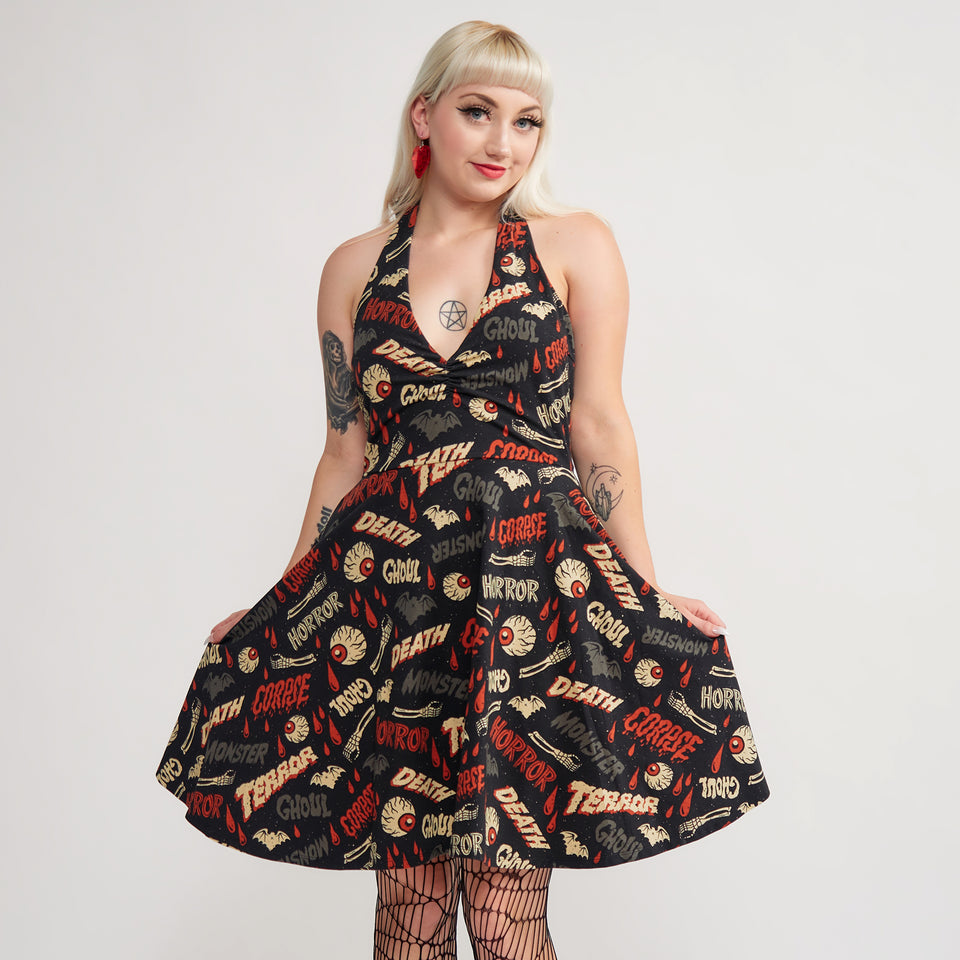 SOURPUSS OH THE HORROR HALTER SKATER DRESS