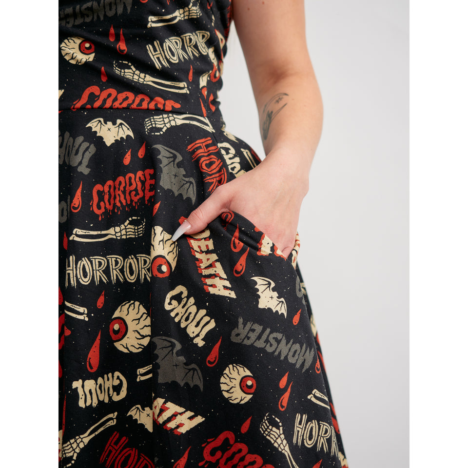 SOURPUSS OH THE HORROR HALTER SKATER DRESS