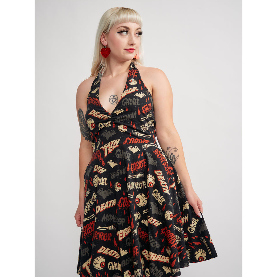 SOURPUSS OH THE HORROR HALTER SKATER DRESS