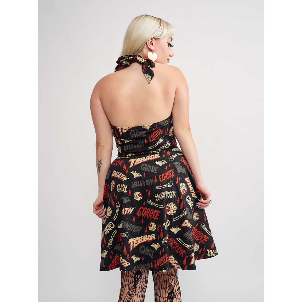 SOURPUSS OH THE HORROR HALTER SKATER DRESS