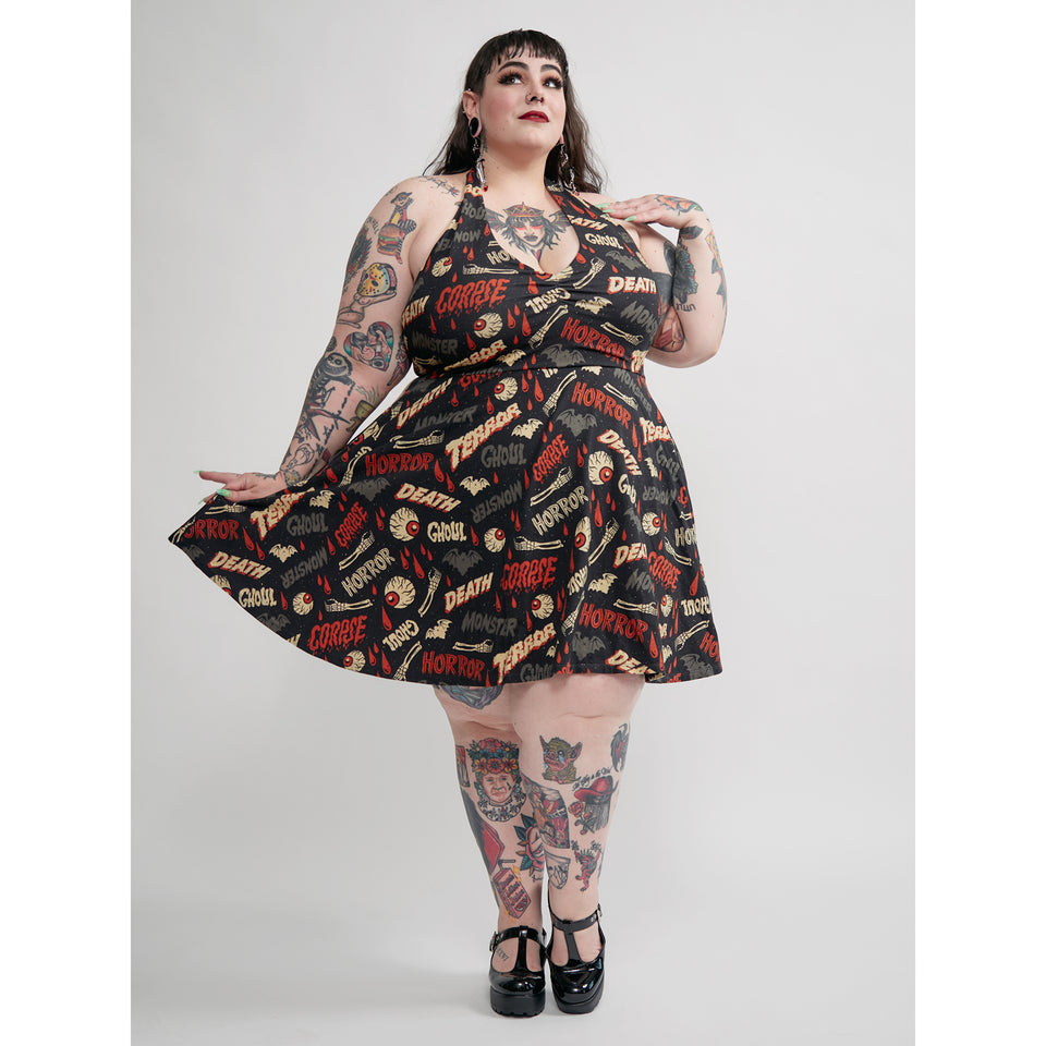 SOURPUSS OH THE HORROR HALTER SKATER DRESS