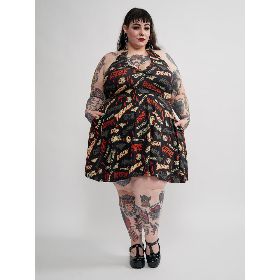 SOURPUSS OH THE HORROR HALTER SKATER DRESS