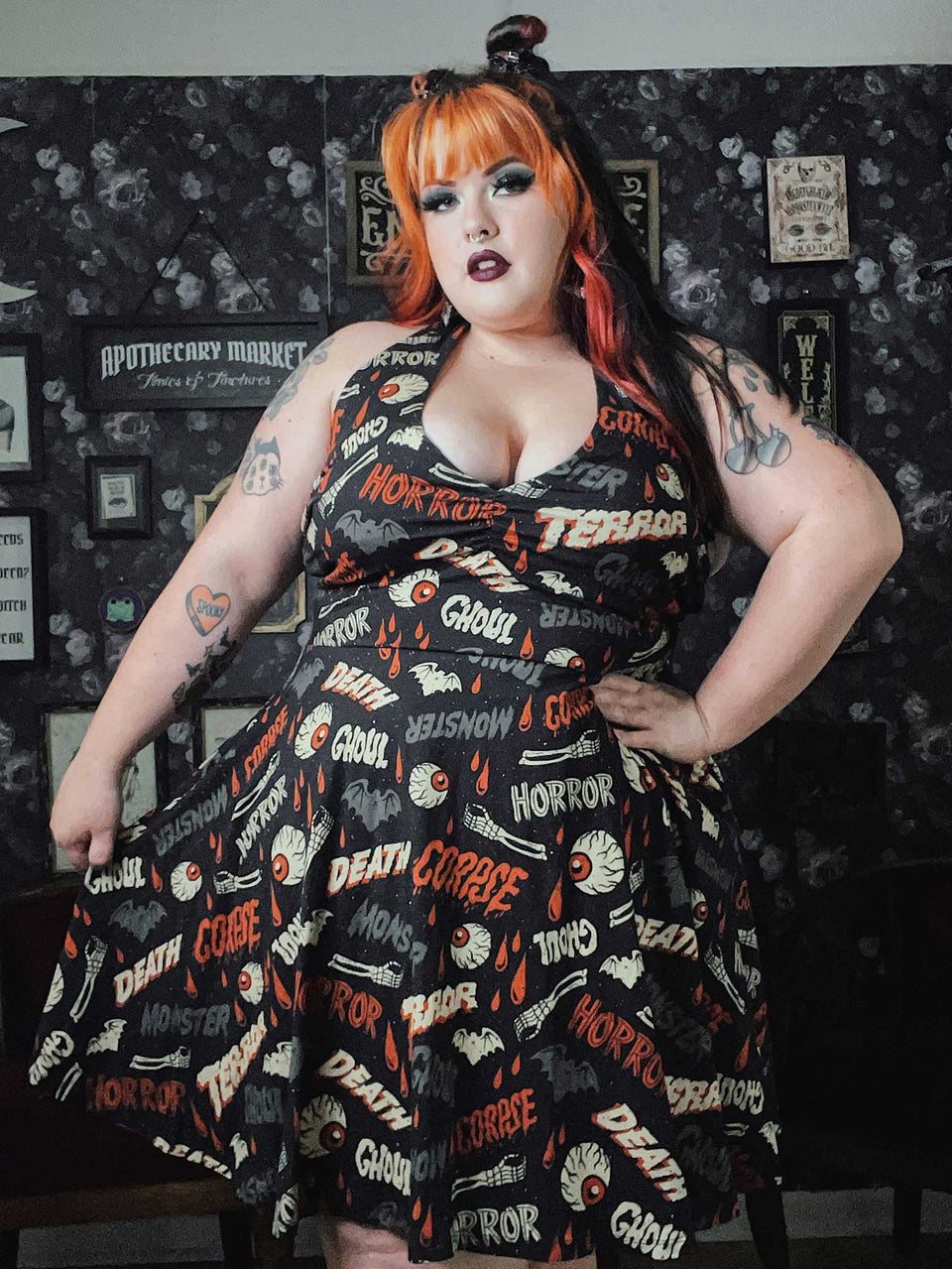 SOURPUSS OH THE HORROR HALTER SKATER DRESS